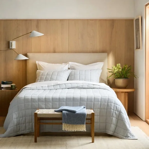 NWT QUINCE Organic Airy Gauze Box Quilt Set King/Cal King Mist 6592 - Picture 3 of 14